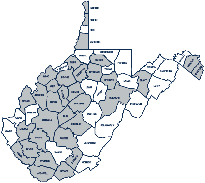 A map of WV depicting serviced counties which are listed on the left