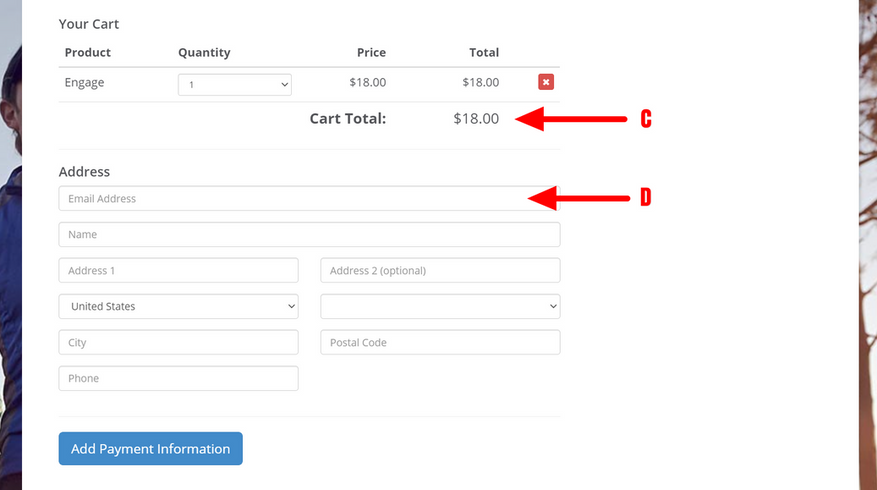 Screenshot showing where to view cost and enter your email address